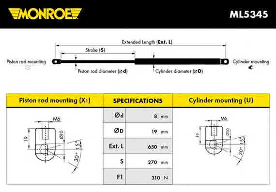 Газовая пружина, капот MONROE ML5345 Амортизатор капота Арт. 884130