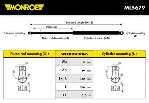 Газовая пружина, капот MONROE ML5679 Амортизатор капота Арт. 884439